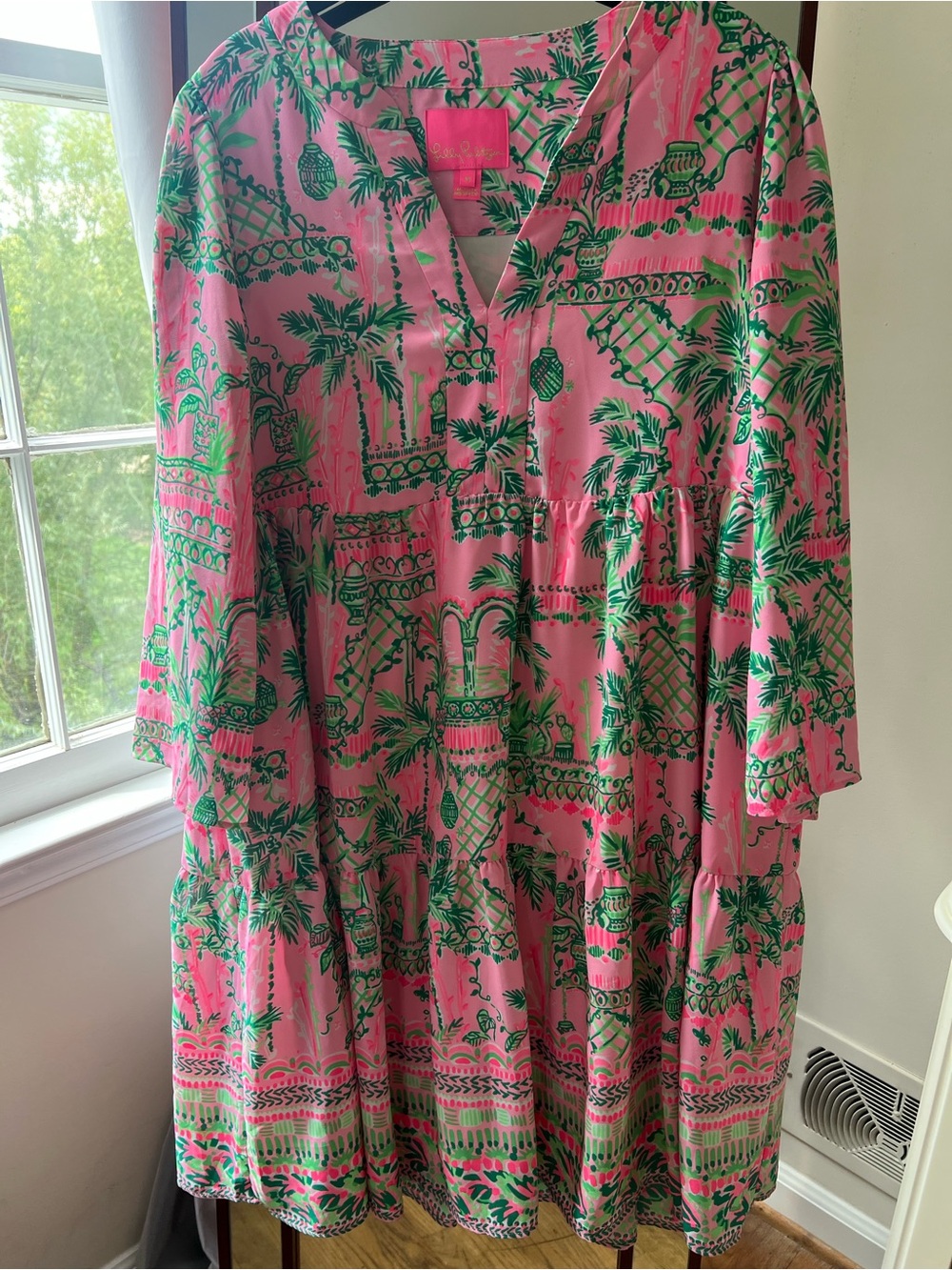 Lilly Pulitzer Pink and Green Tropical Tiered Midi Dress